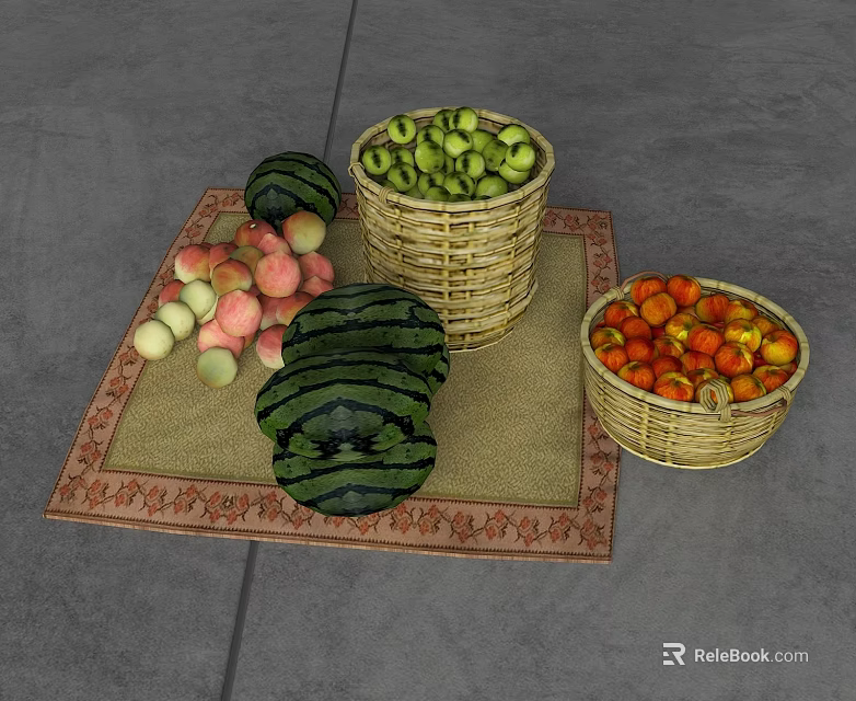 Fresh Assorted Fruits Display With Watermelon Peaches And Apples In Baskets 3d model 