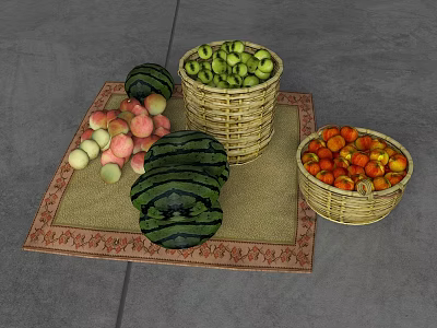 Fresh Assorted Fruits Display With Watermelon Peaches And Apples In Baskets 3d model