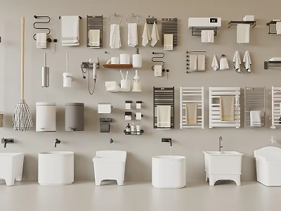 Modern Bathroom Combination With Sinks Towel Racks Storage Shelves Toilet Brushes And Trash Bins 3d model