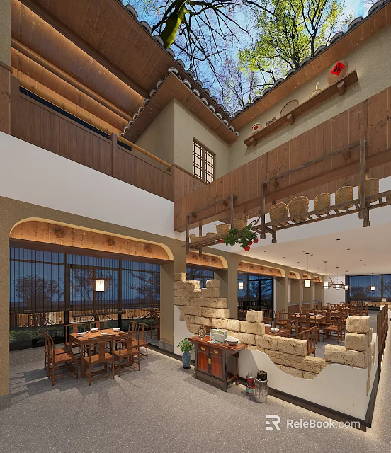 Hotel Lobby Interior Featuring Wooden Structure Arched Windows Stone Walls And Green Plants 3d model 