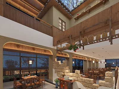 Hotel Lobby Interior Featuring Wooden Structure Arched Windows Stone Walls And Green Plants 3d model