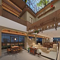 Hotel Lobby Interior Featuring Wooden Structure Arched Windows Stone Walls And Green Plants