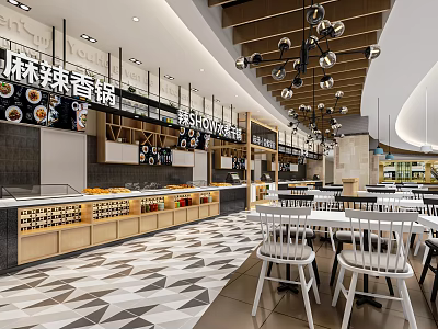 Mala Xiang Guo Restaurant Modern Interior With Display Counter Chairs Pendant Lights And Geometric Tiles 3d model