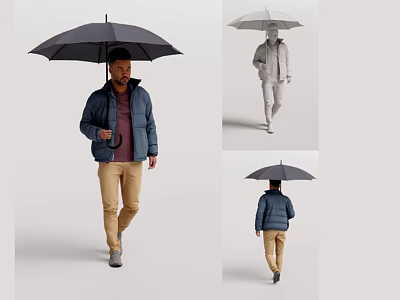 Man Holding Umbrella Wearing Blue Puffer Jacket And Khaki Pants In Various Views 3d model