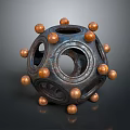 Decorative Sphere Sculpture With Circular Holes And Metallic Golden Balls Ornate Design
