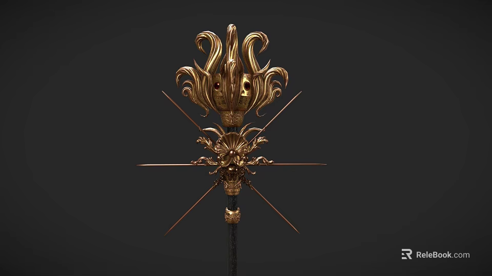 Detailed Golden Ornate Weapon With Intricate Floral Design And Black Shaft 3d model 