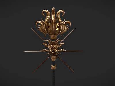Detailed Golden Ornate Weapon With Intricate Floral Design And Black Shaft 3d model