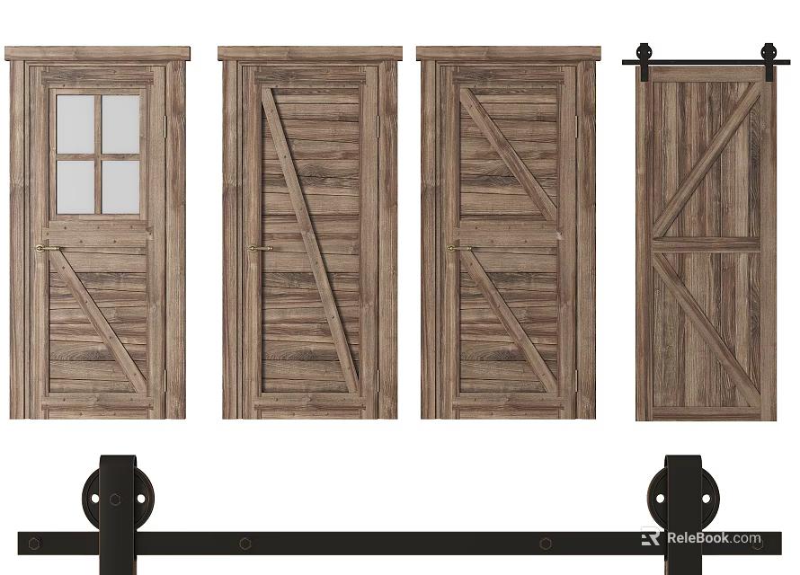 Rustic Wooden Barn Doors With Glass Panel And Sliding Track System For Interior Design 3d model 