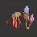 Colorful Ice Cream Cones With Striped Popcorn Bag And Small Sweet Drink