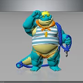 Blue Cartoon Crocodile Character Wearing Striped Vest Yellow Hat And Orange Tie Holding Item