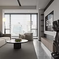 Modern Living Dining Room Interior With Sofa Coffee Table TV Palm Plant And Window Blinds