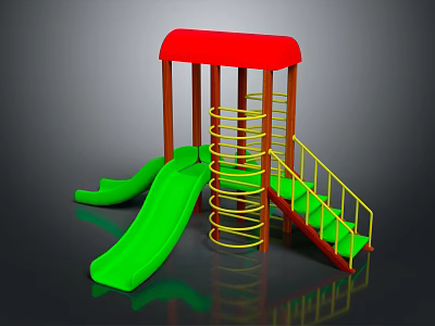 Colorful Playground Equipment With Red Roof Green Slide Steps And Yellow Spiral Ladder 3d model