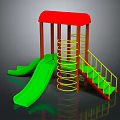 Colorful Playground Equipment With Red Roof Green Slide Steps And Yellow Spiral Ladder