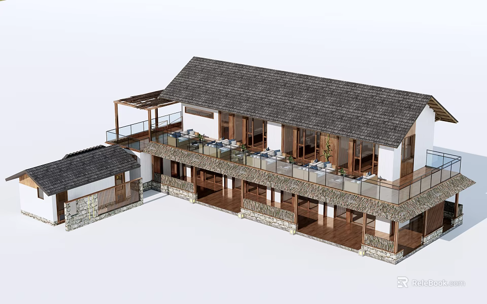 Traditional Ancient Architecture Design with Tiled Roof Wooden Structure Stone Walls Balcony and Terrace 3d model 