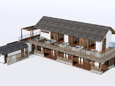 Traditional Ancient Architecture Design with Tiled Roof Wooden Structure Stone Walls Balcony and Terrace 3d model