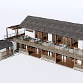 Traditional Ancient Architecture Design with Tiled Roof Wooden Structure Stone Walls Balcony and Terrace