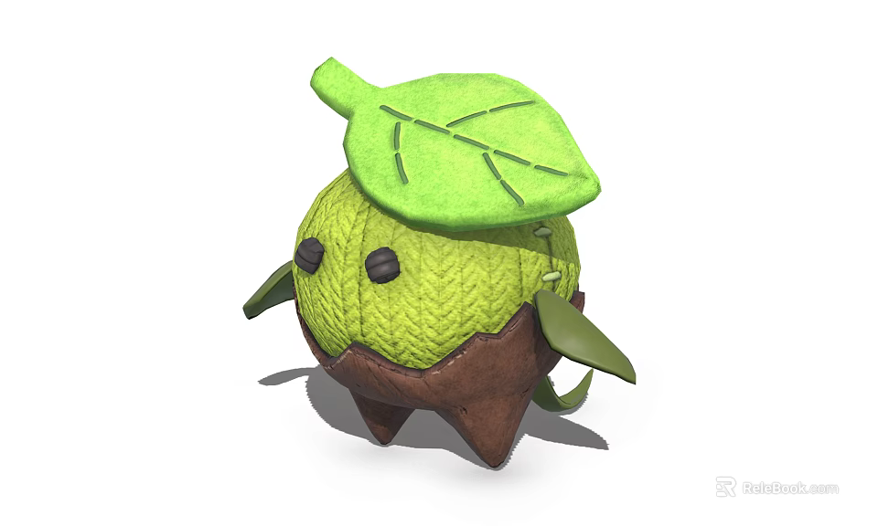 Cartoon Character Green Creature with Knitted Texture Large Leaf on Head Brown Base Small Arms 3d model 