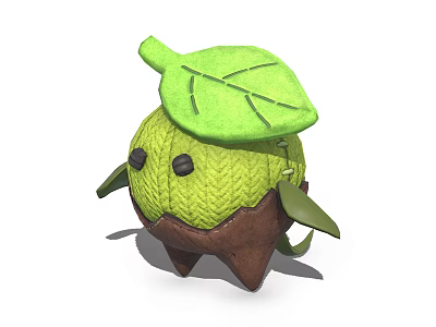 Cartoon Character Green Creature with Knitted Texture Large Leaf on Head Brown Base Small Arms 3d model