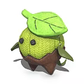 Cartoon Character Green Creature with Knitted Texture Large Leaf on Head Brown Base Small Arms