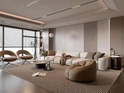 Modern Minimalist Living Room Interior With White Sofa Beige Armchairs Striped Rug And Floor-to-Ceiling Windows 3d model