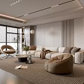 Modern Minimalist Living Room Interior With White Sofa Beige Armchairs Striped Rug And Floor-to-Ceiling Windows