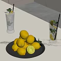 Fresh Lemons On Black Plate With Mint Water Glasses On Marble Countertop