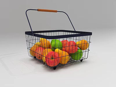 Metal Shopping Basket With Wooden Handle Filled With Fresh Apples Oranges And Pears 3d model