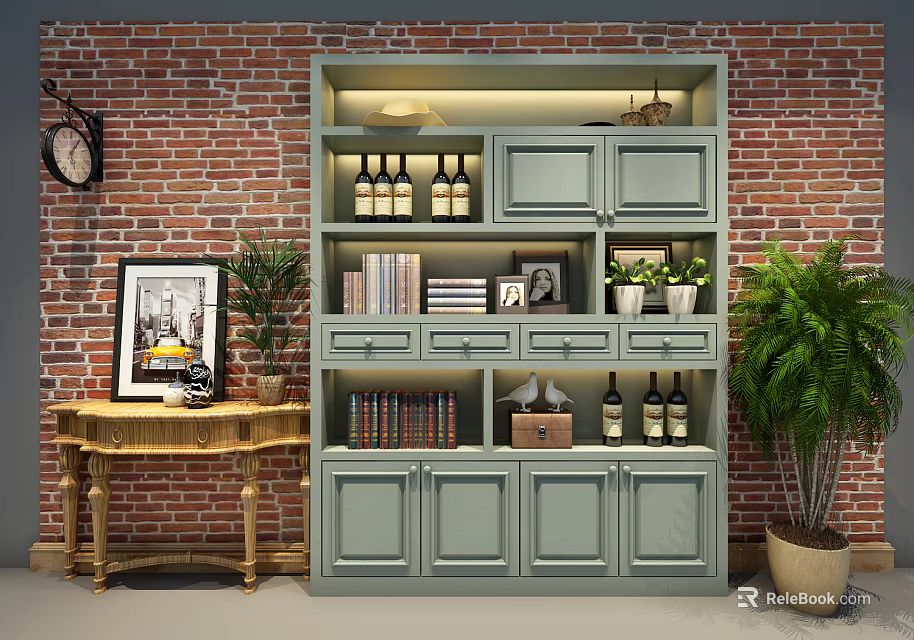 Light Green Wine Cabinet With Wine Bottles Books Photo Frames Plants On Red Brick Wall 3d model 