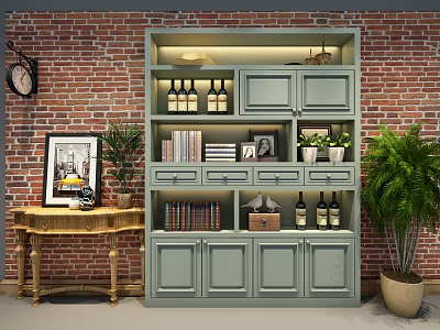 Light Green Wine Cabinet With Wine Bottles Books Photo Frames Plants On Red Brick Wall 3d model