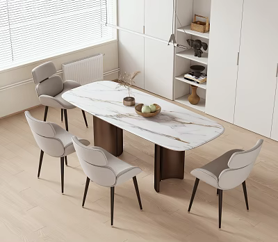 Modern Dining Table Set with Marble Top Metal Base and Light Gray Chairs 3d model