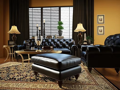 Black Leather Sofa and Coffee Table Set with Ottoman Lamps Area Rug and Wall 3d model