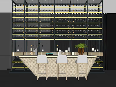 Modern Bar Design with White Bar Stools Gold Black Wine Rack and Decorative Plants 3d model