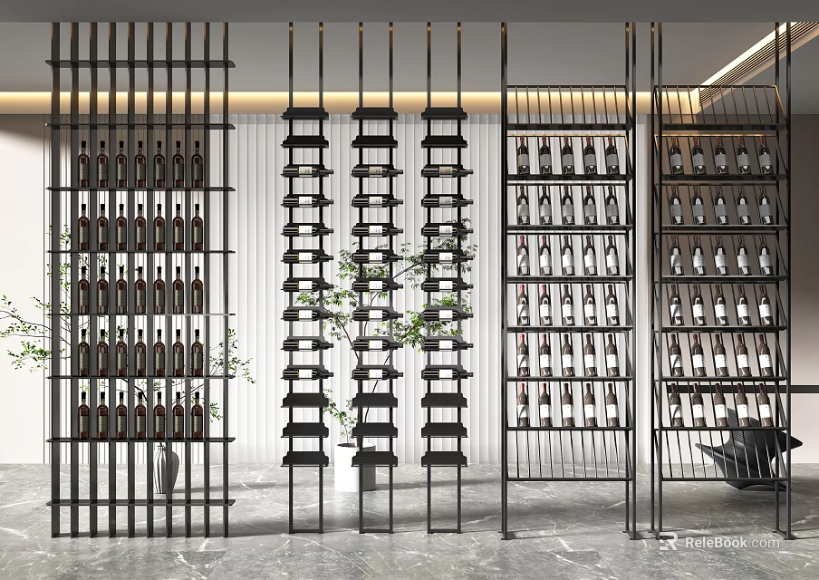 Modern Wine Cabinet With Black Metal Frame Multi Tiered Shelves Wine Bottles And Decorative Plants 3d model 