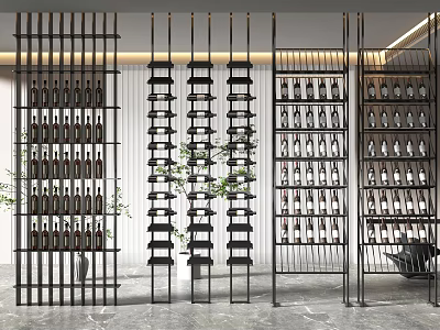Modern Wine Cabinet With Black Metal Frame Multi Tiered Shelves Wine Bottles And Decorative Plants 3d model