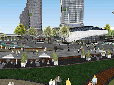 Bustling Urban Plaza With Tall Buildings Crowded People Trees And Leisure Areas 3d model