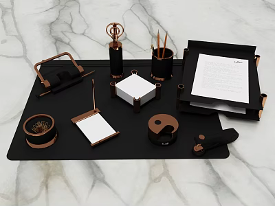 Organized Office Supplies On Black Tray With Marble Background And Desk Accessories 3d model