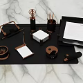 Organized Office Supplies On Black Tray With Marble Background And Desk Accessories