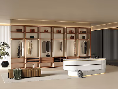 Modern Walk in Closet Interior Design With Hanging Clothes Wooden Storage Cabinets And Drawers 3d model