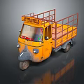 Yellow Three Wheeled Motorcycle With AT TRAVELS Sign And Metal Rail Cargo Bed