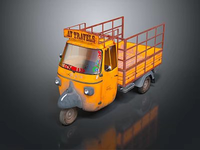 Yellow Three Wheeled Motorcycle With AT TRAVELS Sign And Metal Rail Cargo Bed 3d model
