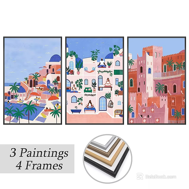 Three Vibrant Mediterranean Painting Frames with Colorful Architecture and Palm Trees 3d model 