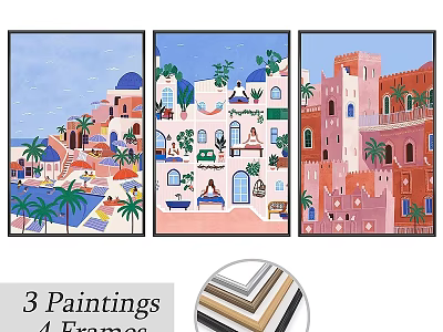 Three Vibrant Mediterranean Painting Frames with Colorful Architecture and Palm Trees 3d model