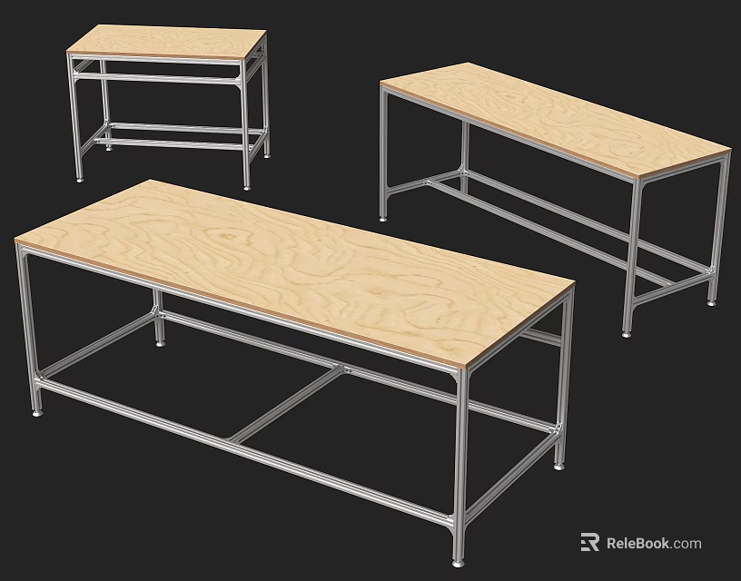 Set Of Three Office Desks With Wooden Tops And Metal Frames 3d model 