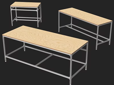 Set Of Three Office Desks With Wooden Tops And Metal Frames 3d model