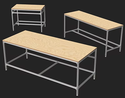 Set Of Three Office Desks With Wooden Tops And Metal Frames 3d model