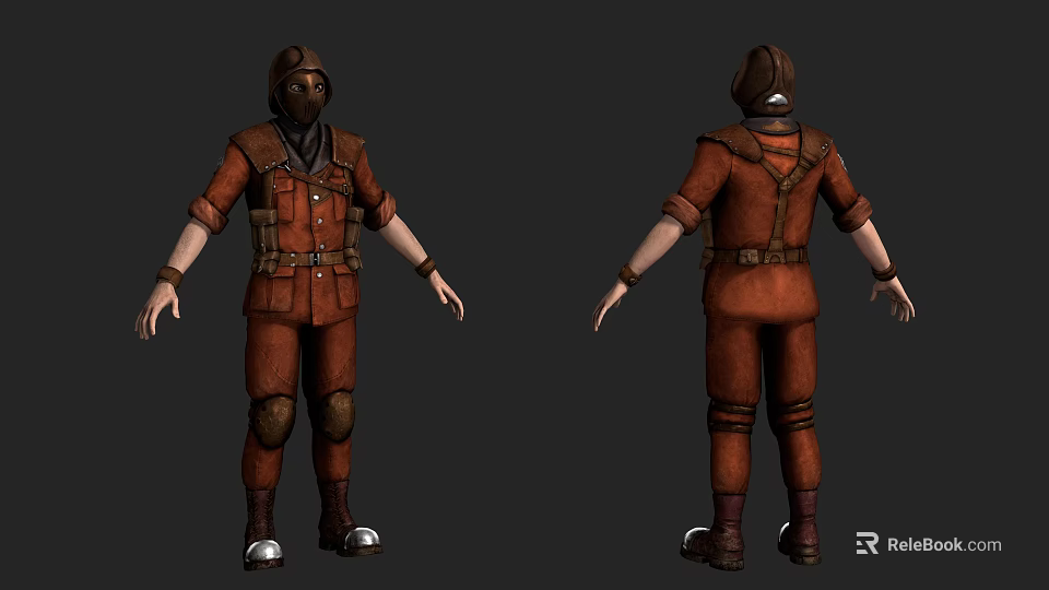 Game and Movie Character in Brown Uniform with Knee Pads Headscarf and Front Back Views 3d model 