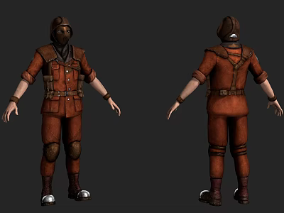 Game and Movie Character in Brown Uniform with Knee Pads Headscarf and Front Back Views 3d model