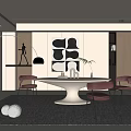 Modern Restaurant Interior With White Round Dining Table Red Chairs And Black White Geometric Artwork