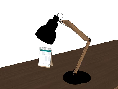 Stylish Wooden Arm Desk Lamp With Black Shade On Brown Table And Calendar 3d model
