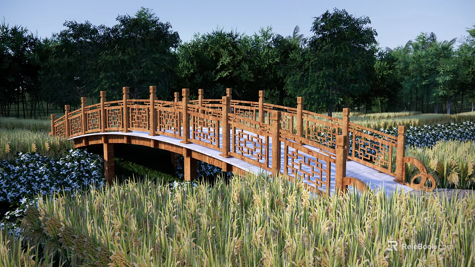 Wooden Landscape Bridge With Intricate Carved Railings Surrounded By Lush Green Trees And Grass 3d model 